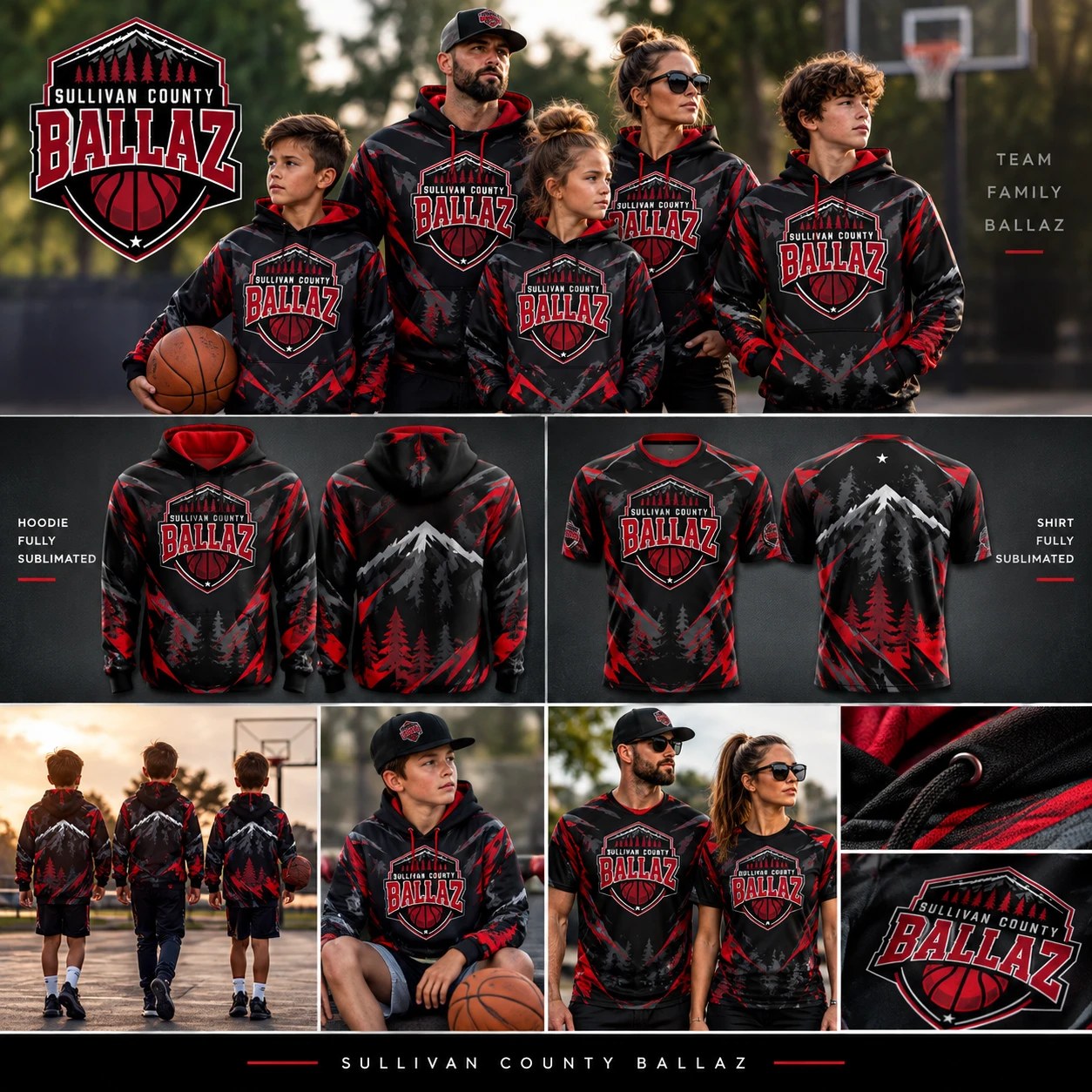 Team Family Ballaz fully sublimated black and red hoodies and shirts with the Sullivan County Ballaz crest and a mountain and pine tree design