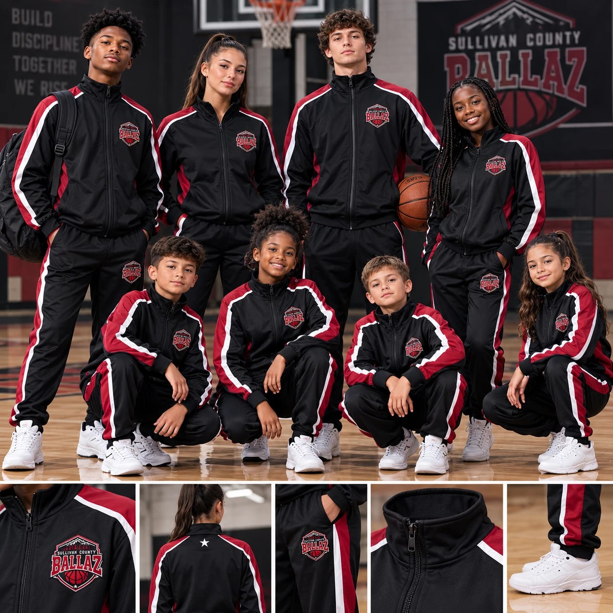 Sullivan County Ballaz team warm-up tracksuits — black jackets and pants with burgundy and white stripes and the embroidered Ballaz crest, shown on youth and adult players